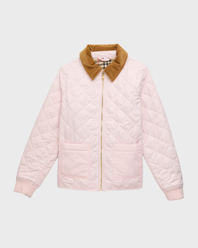 Shop Burberry Girl's Otis Quilted Check-print Lined Jacket In Frosty Pink