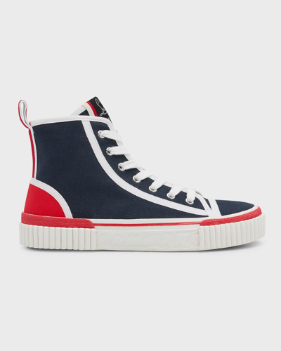 Shop Christian Louboutin Pedro Donna Canvas High-top Sneakers In Marine