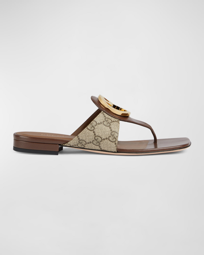 Shop Gucci Blondie Medallion Flat Thong Sandals In Beige Ebony
