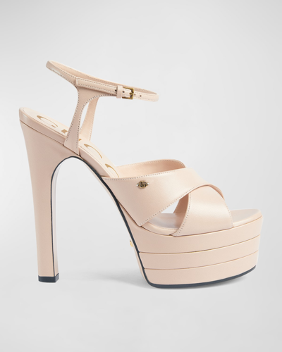Shop Gucci Calfskin Crisscross Stiletto Platform Sandals In Rose