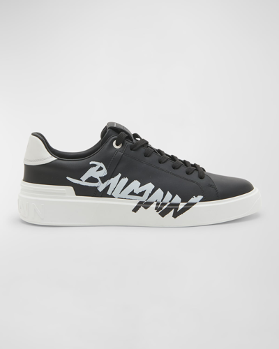 Shop Balmain Men's B-court Logo Low-top Sneakers In Black/white