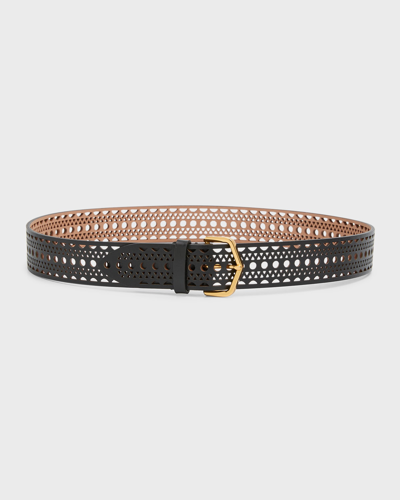 Shop Alaïa Vienne Thin Laser-cut Leather Belt In Noir