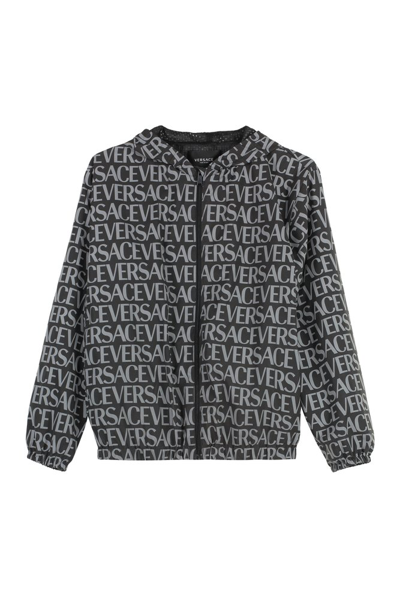Shop Versace Kids Logo Printed Zipped Jacket In Multi