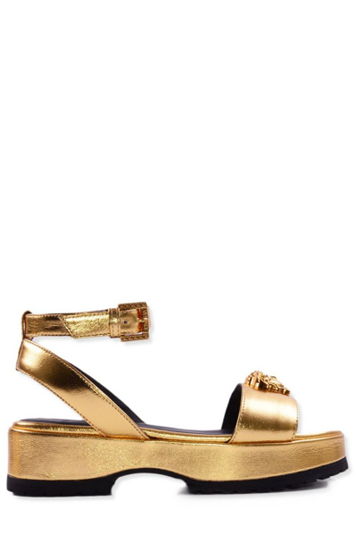 Shop Versace Kids Medusa Plaque Platform Sandals In Gold