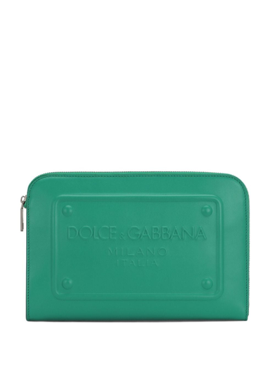 Shop Dolce & Gabbana Raised-logo Leather Clutch In Green