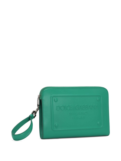 Shop Dolce & Gabbana Raised-logo Leather Clutch In Green