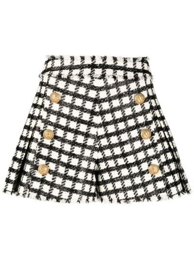 Shop Balmain Checked Button-embellished Tweed Shorts In White