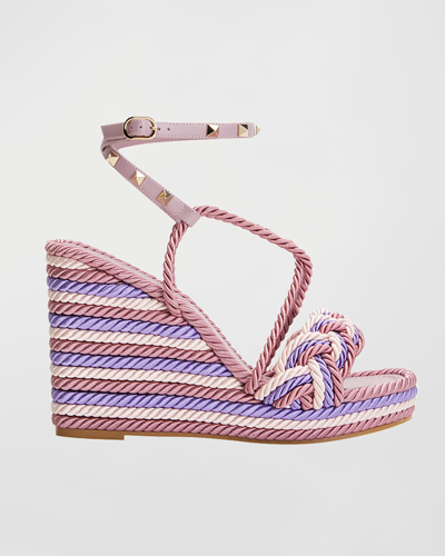 Shop Valentino Rockstud Woven-cord Wedge Espadrille Sandals In Bluepink