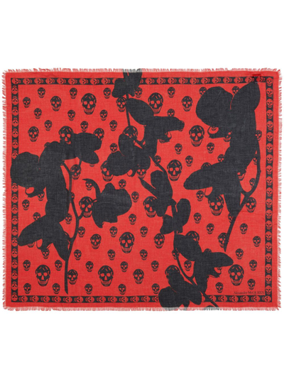 Shop Alexander Mcqueen Skull Orchid-print Scarf In Red