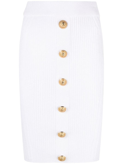 Shop Balmain High Waist Buttoned Knit Skirt In White