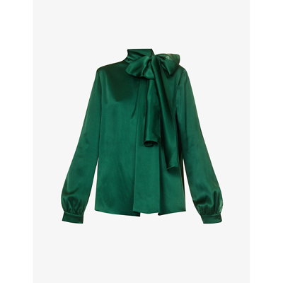 Shop Alberta Ferretti Women's Green Bow-embellished High-neck Silk-blend Blouse