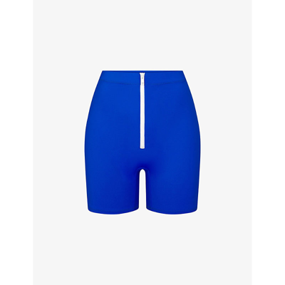 Shop Skims Women's Cobalt Sporty Mid-rise Stretch-recycled Nylon Shorts