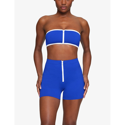 Shop Skims Women's Cobalt Sporty Mid-rise Stretch-recycled Nylon Shorts