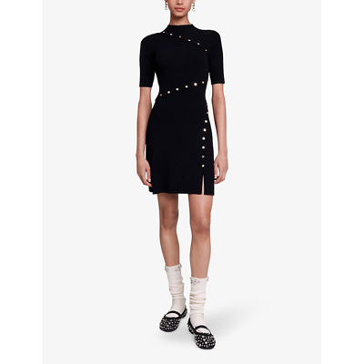 Shop Maje Womens Noir / Gris Rellier Button-embellished Short-sleeve Stretch-knit Mini Dress