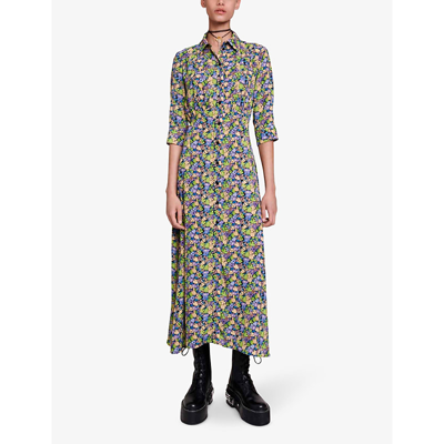 Shop Maje Womens Blue/green/yellow Rilaura Floral-print Flared-skirt Woven Midi Dress