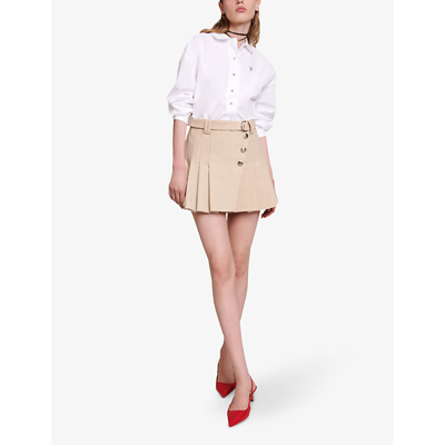 Shop Maje Womens Naturels Jumita Button-embellished Pleated Cotton Mini Skirt
