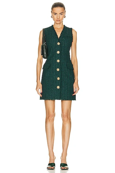Shop Balmain Sleeveless Tweed Mini Dress In Green