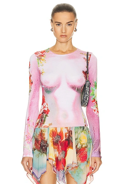 Shop Jean Paul Gaultier Printed Body Flowers Long Sleeve Top In Pink & Yellow
