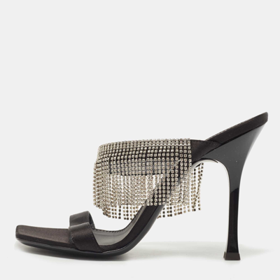 Pre-owned Giuseppe Zanotti Black Satin Crystal Fringe Slide Sandals Size 38.5