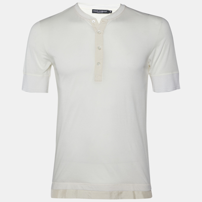 Pre-owned Dolce & Gabbana Light Cream Cotton Knit & Silk Button Front T-shirt Xs