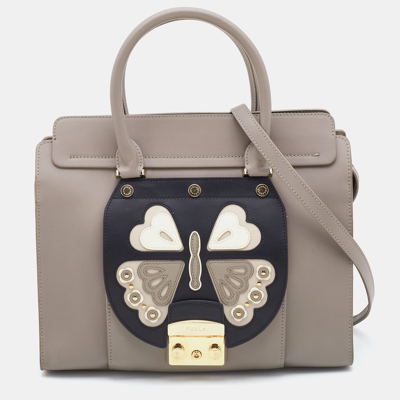 Pre-owned Furla Taupe/black Leather Metropolis Magia Tote In Grey