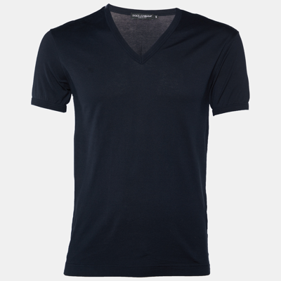 Pre-owned Dolce & Gabbana Navy Blue Cotton Knit V-neck T-shirt Xs