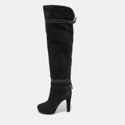 Pre-owned Gucci Black Suede And Leather Bow Over The Knee Boots Size 36.5