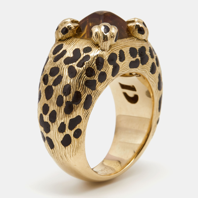 Pre-owned Dior Leopard Citrine Lacquer 18k Yellow Gold Ring Size 52