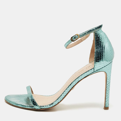 Pre-owned Stuart Weitzman Metallic Blue Python Embossed Leather Nudist Ankle Strap Sandals Size 41