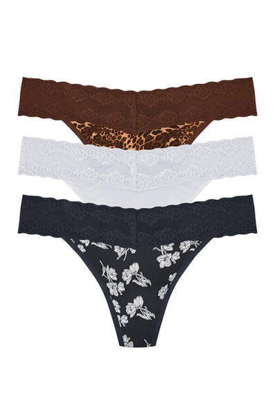 Shop Natori Bliss Perfection O/s Thong 3 Pack In Java Luxe Leopard Print/rainy/midnight Navy Poppy Print
