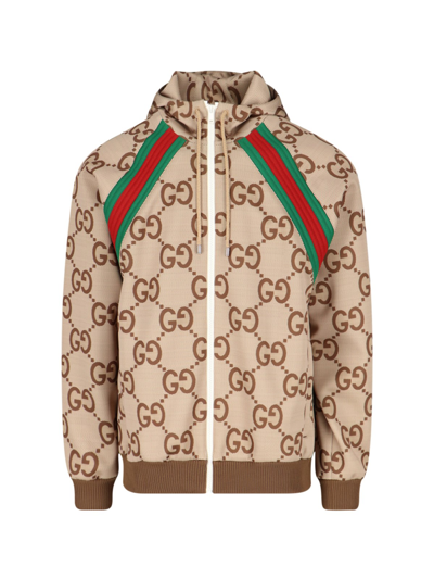 Shop Gucci 'jumbo Gg' Hooded Jacket In Brown
