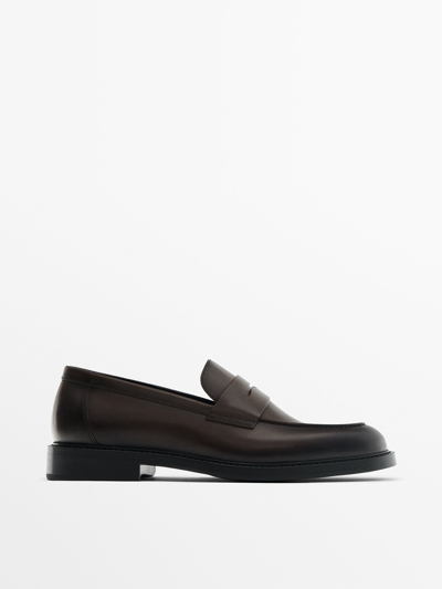 Shop Massimo Dutti Brown Leather Penny Loafers
