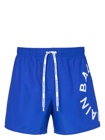 Shop Balmain Logo-print Swim Shorts In Blue