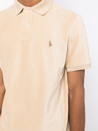 Shop Polo Ralph Lauren Motif-embroidered Corduroy Polo Shirt In Neutrals