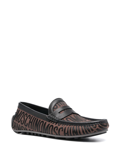 Shop Moschino Jacquard Penny-slot Leather Loafers In Brown