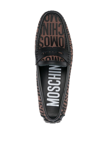 Shop Moschino Jacquard Penny-slot Leather Loafers In Brown