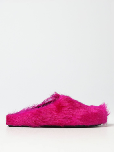 Shop Marni Sabots In Fur In Fuchsia