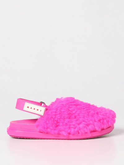 Shop Marni Sabots In Wool Shearling In Fuchsia