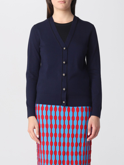 Shop Tory Burch Wool And Silk Blend Cardigan In Blue