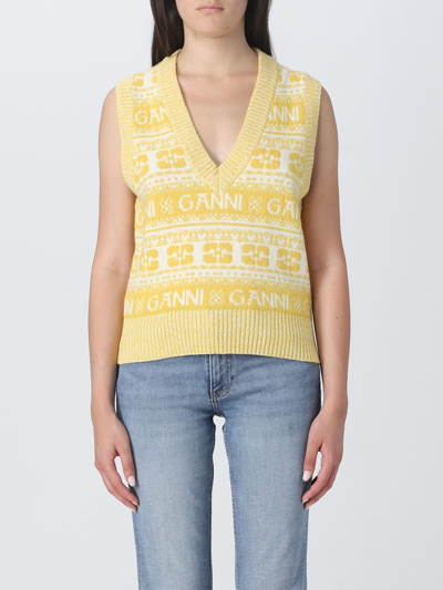 Shop Ganni Wool Cardigan With All-over Inlaid Logo In Yellow
