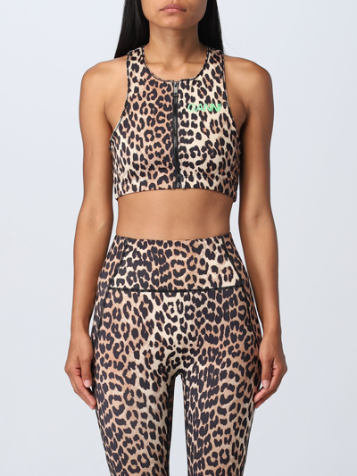 Shop Ganni Top In Technical Fabric With Animal Print In Beige