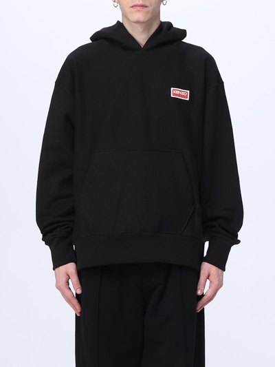 Kenzo Black Hoodie With Logo Print At The Front And Back In Stretch Cotton Man In Black