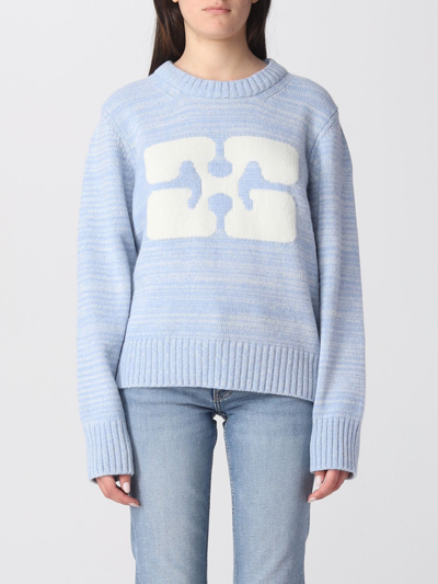 Shop Ganni Wool Sweater With Inlaid Logo In Blue