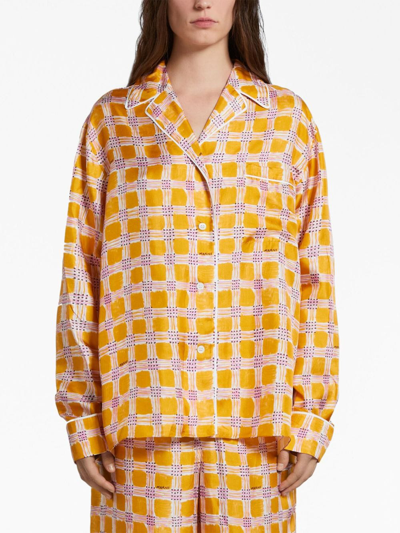 Shop Marni Check Fields Silk Pajama Shirt In Orange