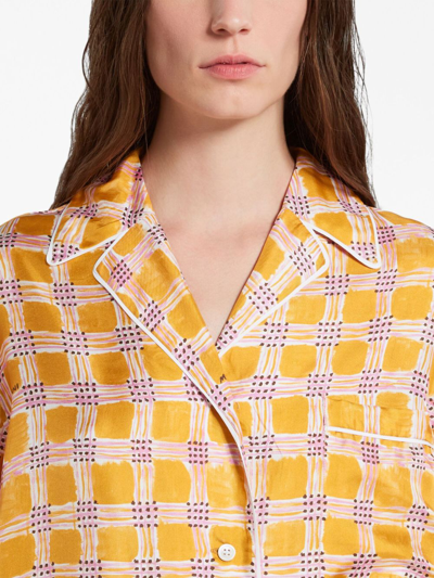 Shop Marni Check Fields Silk Pajama Shirt In Orange