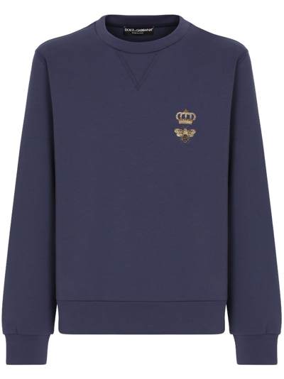 Shop Dolce & Gabbana Bee-embroidered Cotton Sweatshirt In Blue