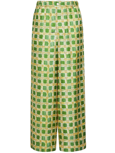 Shop Marni Check Fields Silk Wide-leg Trousers In Green