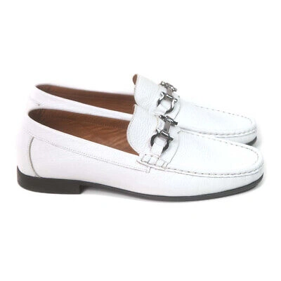 Pre-owned Sigotto Uomo White Grain Leather Bit Loafer With Leather Sole