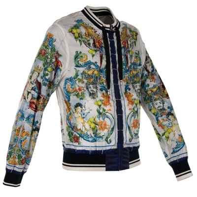 Pre-owned Dolce & Gabbana Majolica Baroque Printed Bomber Jacket Pockets Blue White 11235