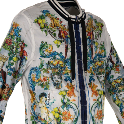 Pre-owned Dolce & Gabbana Majolica Baroque Printed Bomber Jacket Pockets Blue White 11235